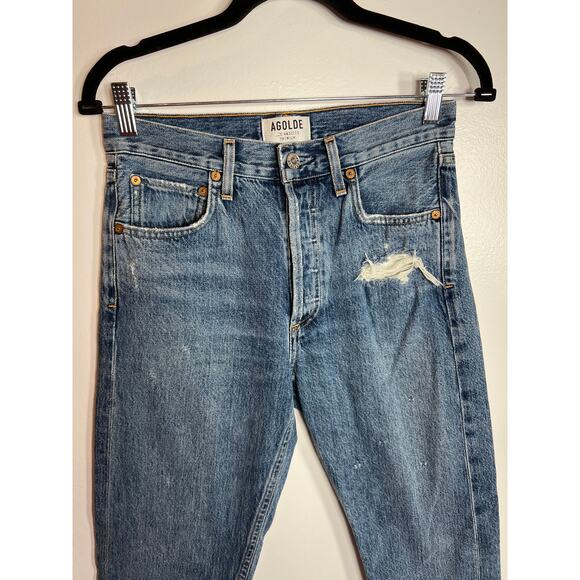 Agolde Denim Jamie High Rise Straight Leg Jean Medium Blue Distressed Capsule - Picture 2 of 10
